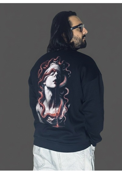 Dark Line The Curse Of God Sırt Baskılı %100 Pamuk Unisex Siyah Oversize Sweatshirt Siyah