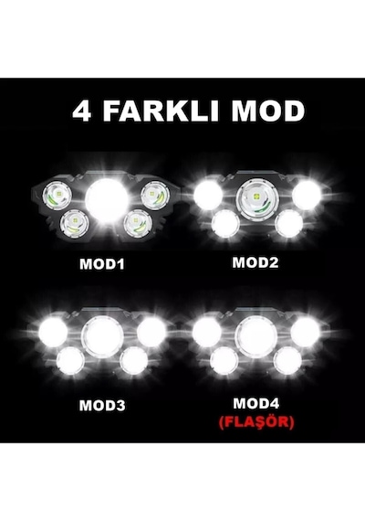 Çok Fonksiyonlu 5 Led Şarjlı Ultra Güçlü Kafa Lambası Feneri Ipx5 Su Geçirmez Litym Lion Batarya X5 Diğer