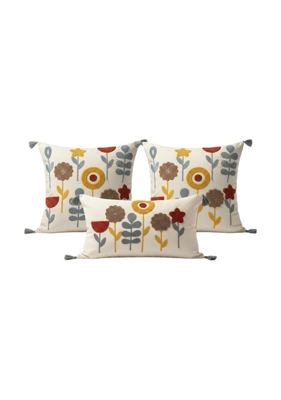 Flora Ritim Punch Nakışlı 3'lü Kırlent Kılıfı Seti 2 Adet 42x42 Cm + 1 Adet 35x55 Cm Gri