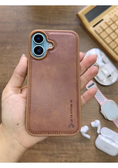 Apple iPhone 16 Uyumlu Premium Deri Dokulu Darbelere Karşı Dayanıklı Nazal Silikon Kılıf Kahverengi
