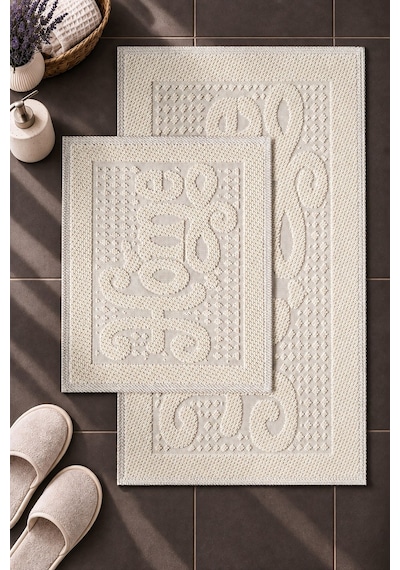 Sakura Sk011a Doğal Pamuk 2'li Banyo Paspas Seti 60x100 60x50cm Kaymaz Taban Makinada Yıkanabilir Krem-bej