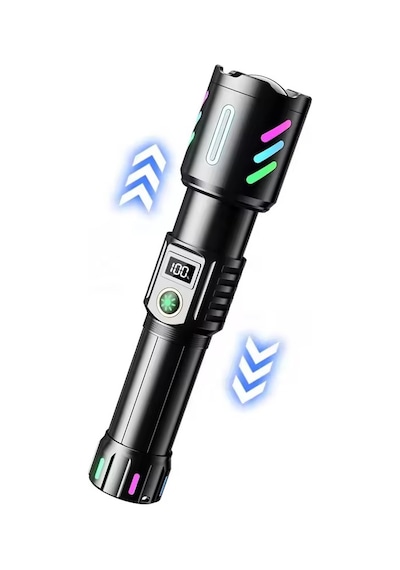 WS-9944 Uzun Menzilli Şarjlı Metal El Feneri, Dijital Şarj Göstergeli Profesyonel El Feneri 4800 mAh Pil 2000 Lümen Siyah