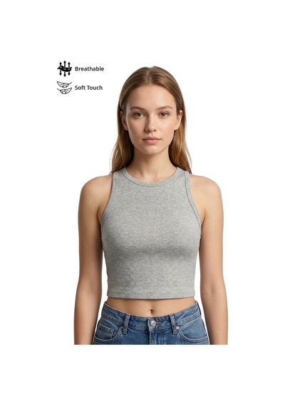 Cottonhıll Gri Melanj Viskon Bisiklet Yaka Kolsuz Kadın Crop Atlet