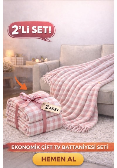 2'li Pamuklu Tek Kişilik Skoç Tv Battaniyesi 155 X 220 Cm Pembe
