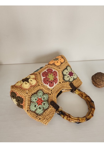 Fikriharika Design El Yapımı Afrika Çiçeği Motifli Kağıt İp Çanta Açık Camel - Çok Renkli