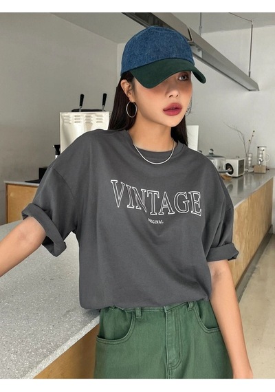 Flood Of Style Kadın Antrasit Vintage Baskılı Oversize Bisiklet Yaka Tshirt Gri