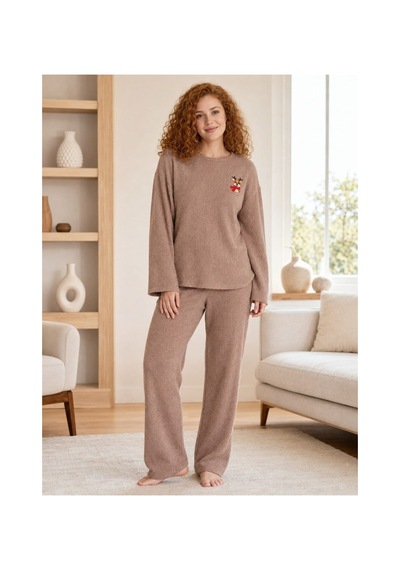 Pemilo Kadın 1250-3 Seul Raporlu Pijama Takımı Kahverengi