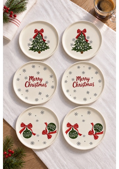 Merry Christmas 6 Lı 16 Cm Yılbaşı Desenli Seramik Pasta Ve Tatlı Tabağı Seti Beyaz