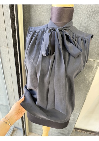 Pera Moda Sıfır Kol Fularlı Modal Yazlık Kadın Gömleği Siyah