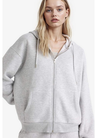 Defacto - Relax Fit Kapüşonlu Basıc Kalın Fermuarlı Sweatshirt C1809AX26SP Gri