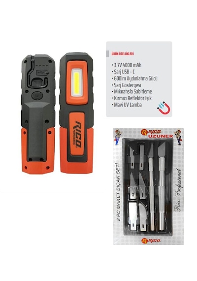 Rico Şarjlı Led Lamba Fener Işıldak Kampçı Tamirci Lambası 6oo Lümen 013-rc0031 Beyaz