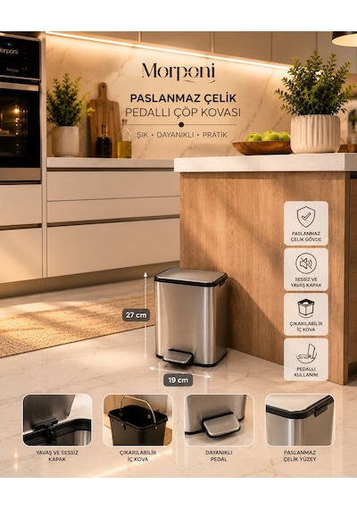 Morponi Amortisörlü Pedallı Çöp Kovası Banyo Çöp Kovası 5 Lt Krom