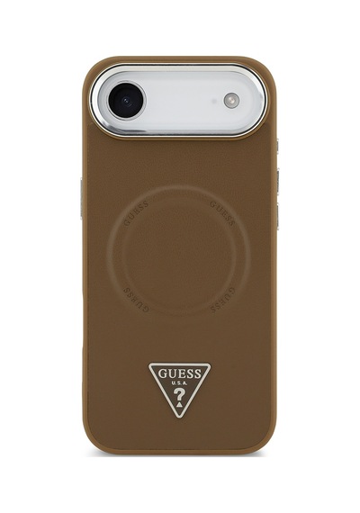 Apple Uyumlu iPhone 17 Air Kılıf Guess Lisanslı M-safeli Pu Deri Metal Kamera Çerçeve Üçgen Logo Kapak Kahverengi Kahverengi