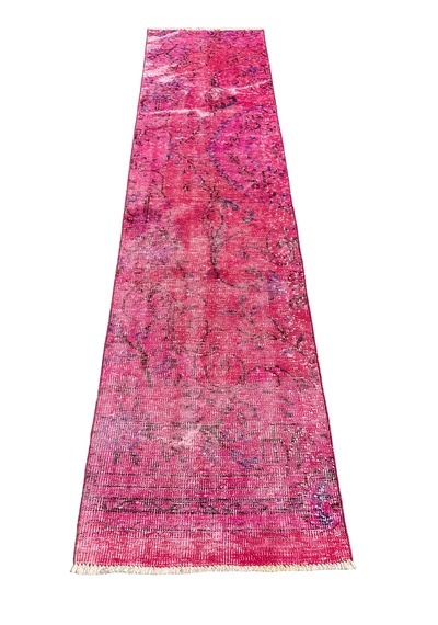 El Dokuma Vintage Yolluk 72x280 Düz Pembe Eskitme Yün Halı Pembe