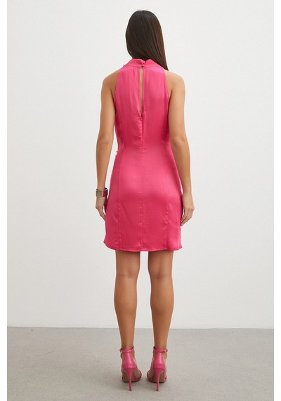 Uterpe Pembe Jakarlı Halter Yaka Elbise Fuşya