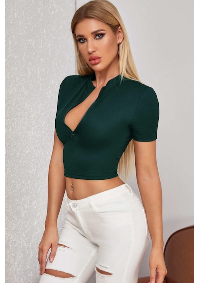 Modi Kadın Yeşil Yarım Fermuarlı Ve Kısa Kollu Crop Top Bluz