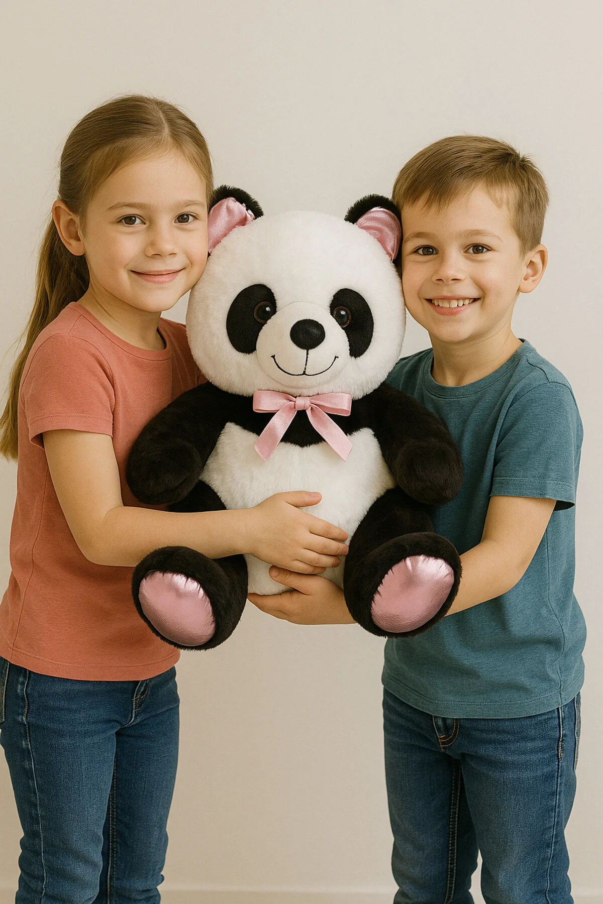 Panda Pembe Kurdeleli 50 Cm Sevimli & Yumuşak Oyuncak Siyah - Pembe