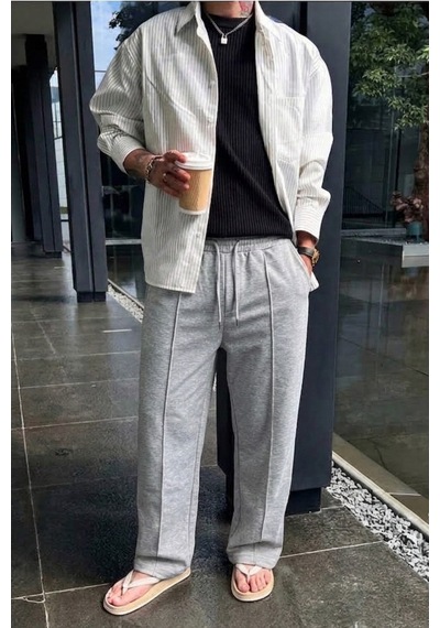Tarz Cool Erkek Regular Fit Düz Paça Bağcıklı 2 İplik Pamuklu Pantolon Eşofman Alt Gri