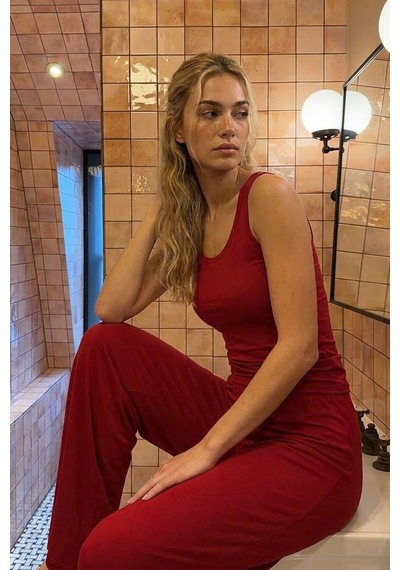Siyah İnci Geniş Askılı Viskon Örme Pijama Takım 8012 Vişne