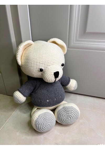 Amigurimi Gri Kazaklı Oyuncak Ayıcık Ve Çıngırak&bebek Hediyesi 30 Cm