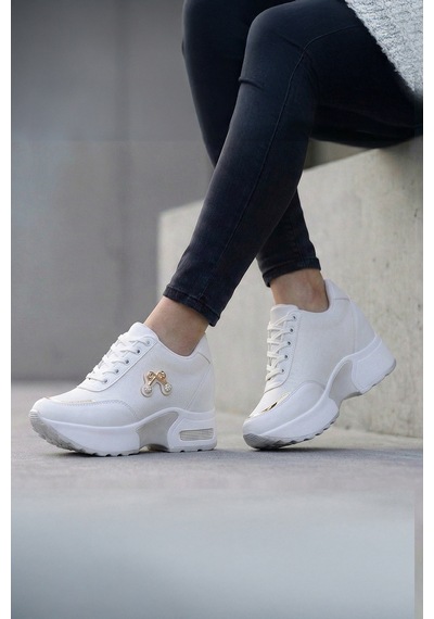 Tw Tonny White Paris - 1502 Gizli Topuklu 7cm Taş Detaylı Kadın Spor Ayakkabı Beyaz