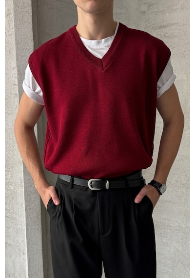 Erkek V Yaka Oversize Süveter Bordo