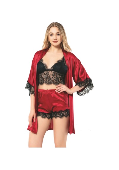 Kubatex Braletli Güpürlü Saten Babydoll Ve Sabahlık - Üçlü Takım Kırmızı