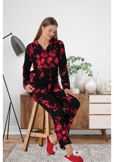 Mecit Pijama Mecit 5922 Bayan Çiçek Desenli Boydan Düğmeli Pijama Takımı 001