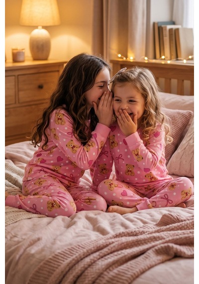 Zuzunga Kız Çocuk Sevimli Ayıcık, Kalp Ve Fiyonk Desenli Pembe Uzun Kollu Pijama Takımı Zuzunga Kız Çocuk Sevimli Ayıcık, Kalp Ve Fiyonk Desenli Pembe Uzun Kollu Pijama Takımı