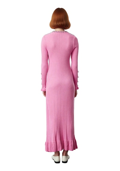 Ersefa Kadın Bodycon Kesim Akrilik Ribana Triko Maxi Elbise İncili Detay Pembe