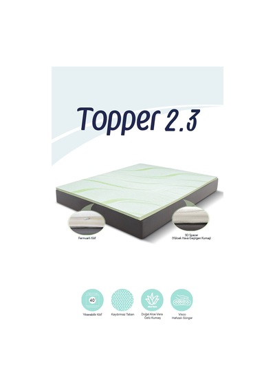 Topper 2.3 - Visco Aloe Vera Yatak Pedi - Yıkanabilir Kılıf - %100 Kaydırmaz Alt Yüzey Yeşil
