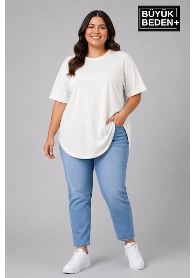 Superlife Büyük Beden Kadın Bisiklet Yaka Basic Oval Etek Detalylı 3xl-6xl Uzun Tunik Spr26btsk502 Ekru