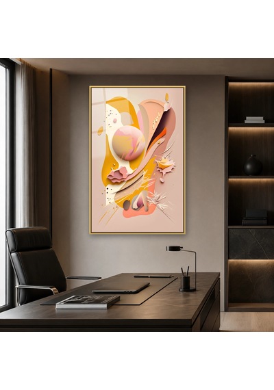 Pudra Yapraklar Ve Pastel Küreler Gold Çerçeveli Cam Tablo