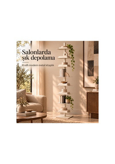 Axis 8 Raflı Metal Kitaplık Modern Tasarım Dikey Dekoratif Kitaplık Krem - 935176049 Krem