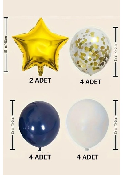 Beysüs Gold Yıldız Gece Mavisi Beyaz Şeffaf Konfetili Balon Seti Standart