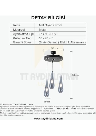 Tt023-3Y-Sy-Kr Tt Aydınlatma Krom 3 Lü Damla Modeli Yuvarlak Aviz