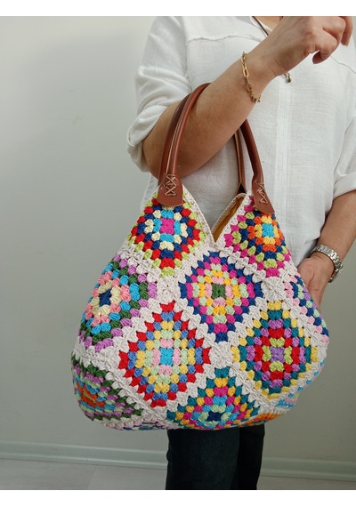 Embahandmde El Yapımı Renkli Granny Square Omuz Çantası Keten Astarlı Bohem Yazlık Kadın Çanta Krem - Bej