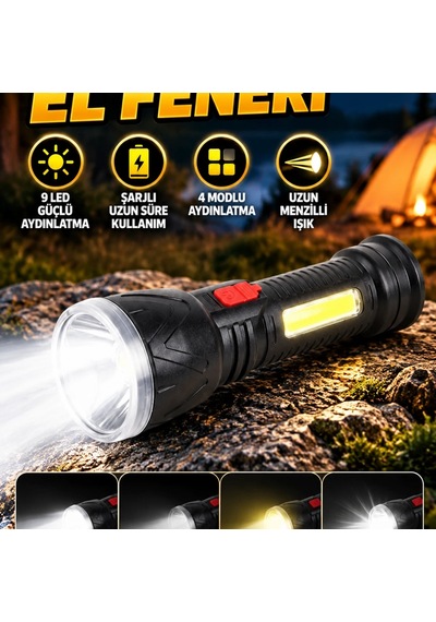 9 Led Şarjlı El Feneri Uzun Menzilli 4 Modlu Güçlü Aydınlatma