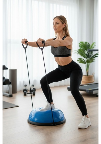 T181 M Bosu Ball Denge Topu 45 Cm Pilates Aleti Direnç Lastiği + Pompa Dahil Kaymaz Taban