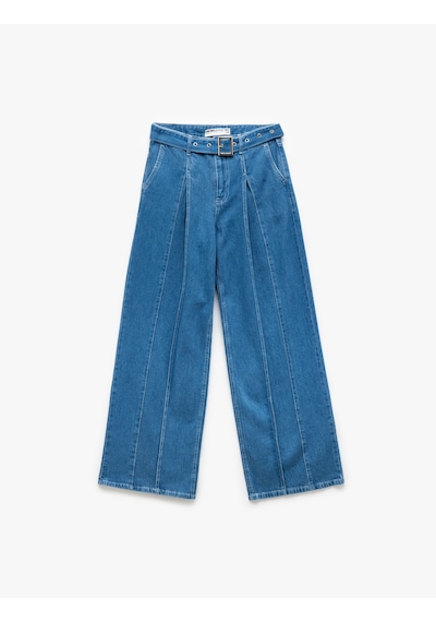 Koton Geniş Paça Kemer Detaylı Pileli Pamuklu Jean Pantolon - Wide Leg Jeans Orta İndigo 5sal40181md Indigo