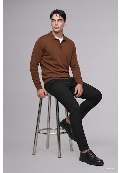 Defacto Standart Fit Düğmeli Polo Yaka Triko Basic Kazak H8972ax26aubn324 Kahve-bn324