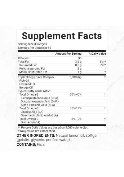 Deal Supplement Triple Omega 3-6-9 Fish Oil With Flaxseed Oil Borage Oils High Epa + Dha 3,600mg 240 Softgels