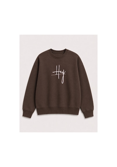 Herkesemoda Hey Yazı Baskı Detaylı Şardonlu 2 İplik Bisiklet Yaka Sweatshirt Kahverengi