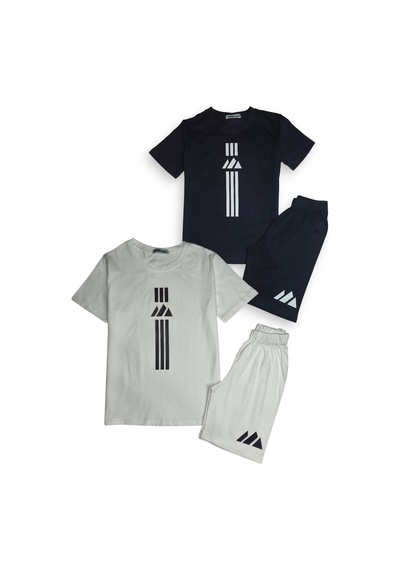 Minik Motion 2'li Set Kısa Kollu Tshirt Ve Şortlu Çocuk Minikmotion Alt Üst Takım Beyaz - Lacivert