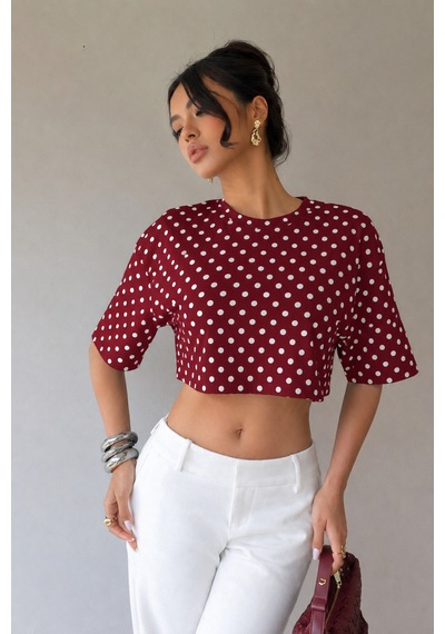 Hımmelduf Kadın Puantiye Desenli Crop Tişört Basic Oversize Yazlık Bluz Bordo