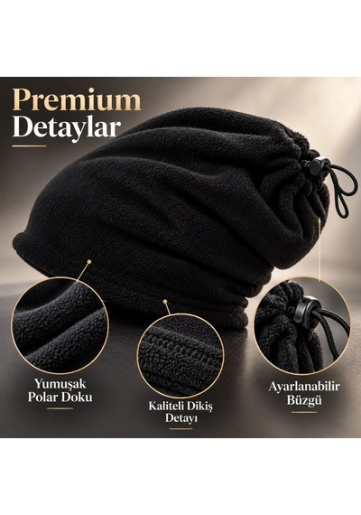 Elitse Unisex Polar Bere Boyunluk 2 Adet Seti 2'si 1 Arada Büzgülü Sıcak Tutan Kışlık Siyah Günlük Konforlu