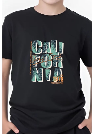 Panios Kids 1976 Cali Baskılı Erkek Çocuk Yuvarlak Yaka Kısa Kollu T-shirt Siyah