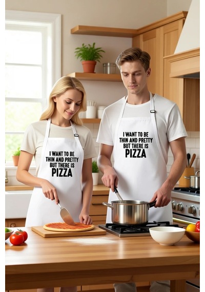 Unisex Mutfak Önlüğü Pizza Temalı Baskılı Rahat Kesim Günlük Aşçı Beyaz