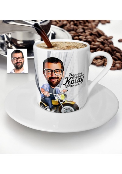 Kişiye Özel Bay Motorcu Karikatür Türk Kahvesi Fincanı - 1
