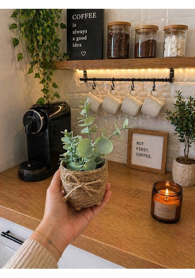Mini Jüt İpli Saksı Yapay Papatya Limon Okaliptus Seti Dekoratif Şık Masa & Balkon Süsü Çok Renkli